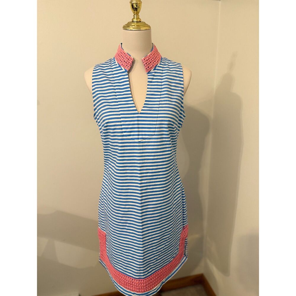 Sail to Sable STS Blue White Stripe Pink Crochet Trim Tunic Dress Size M